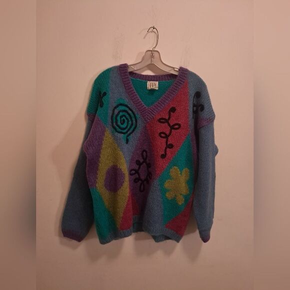 IVY sweater women's large L argyle y2k 00s mohair colorful hippie colorblock - Picture 1 of 10
